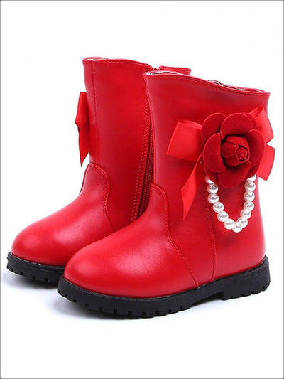 Girls Pearl Embellished Rose Applique Boots - Red / 8 - Girls Boots