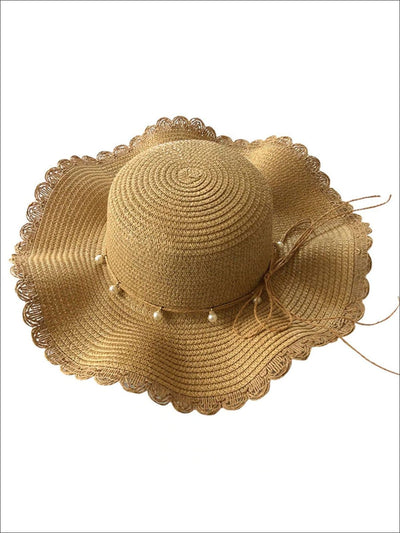 Girls Pearl Embellished Wave Straw Hat - Brown / 2-5 years - Girls Hats