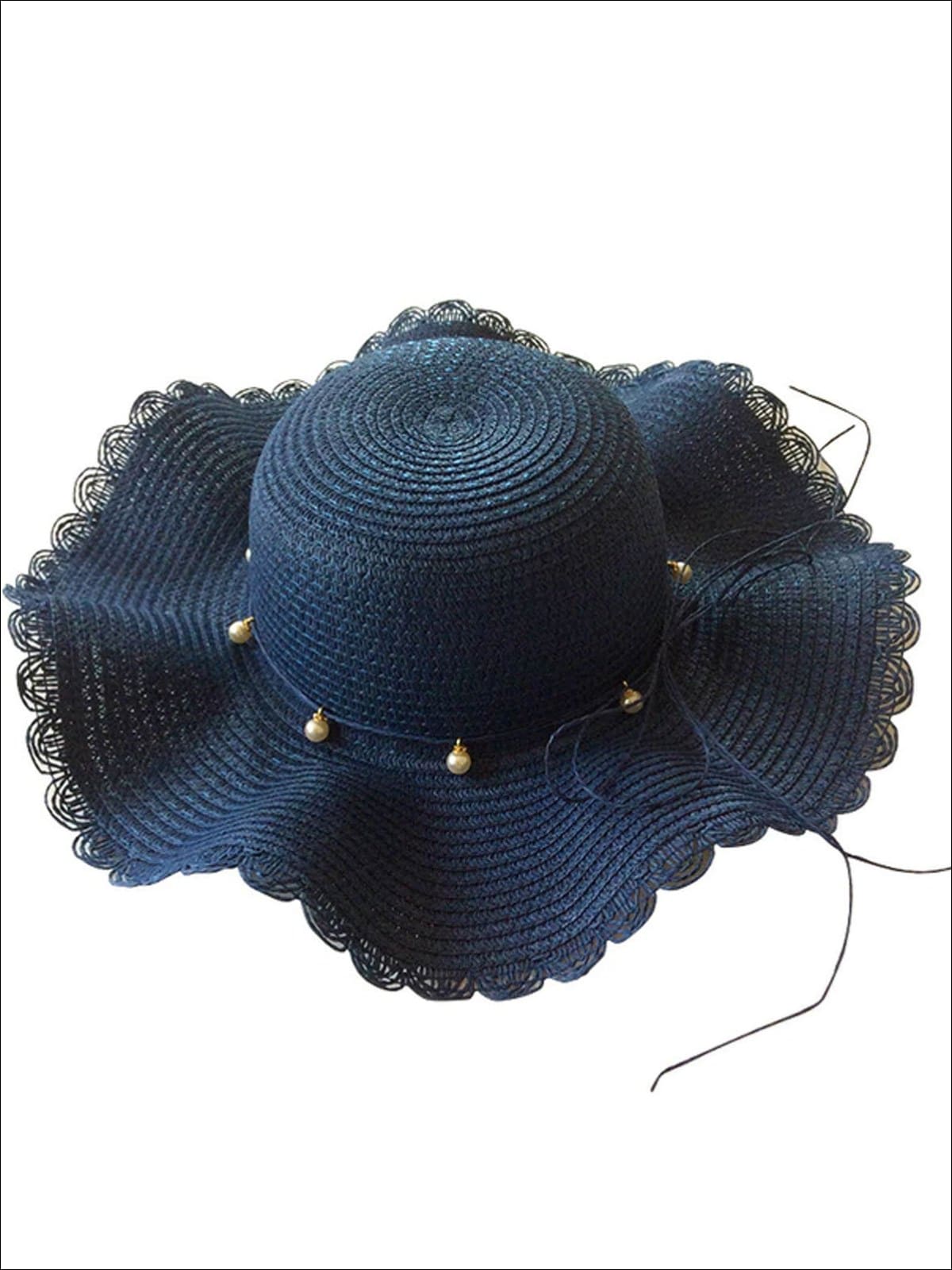 Girls Pearl Embellished Wave Straw Hat - Navy Blue / 2-5 years - Girls Hats
