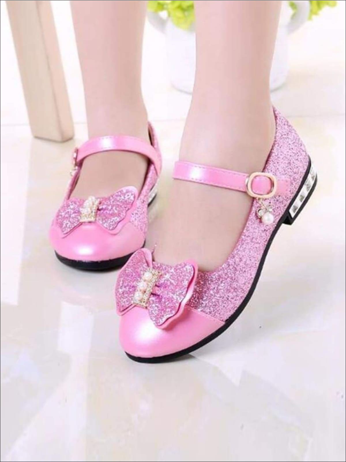 Girls Pearl Glitter Bow Tie Mary Jane Flats - pink / 1 - Girls Flats