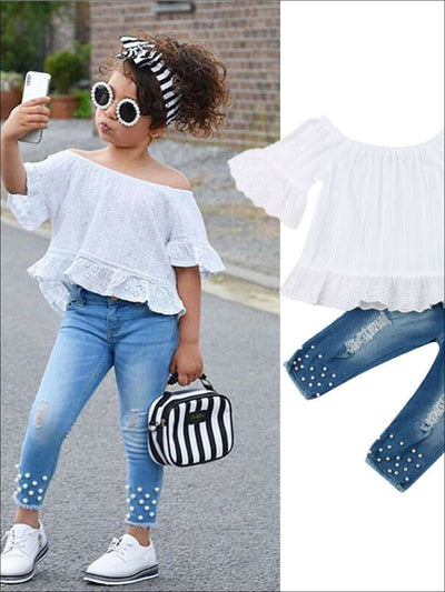 Cute Outfits For Toddlers | Boho Lace Top & Pearl Studded Denim Set