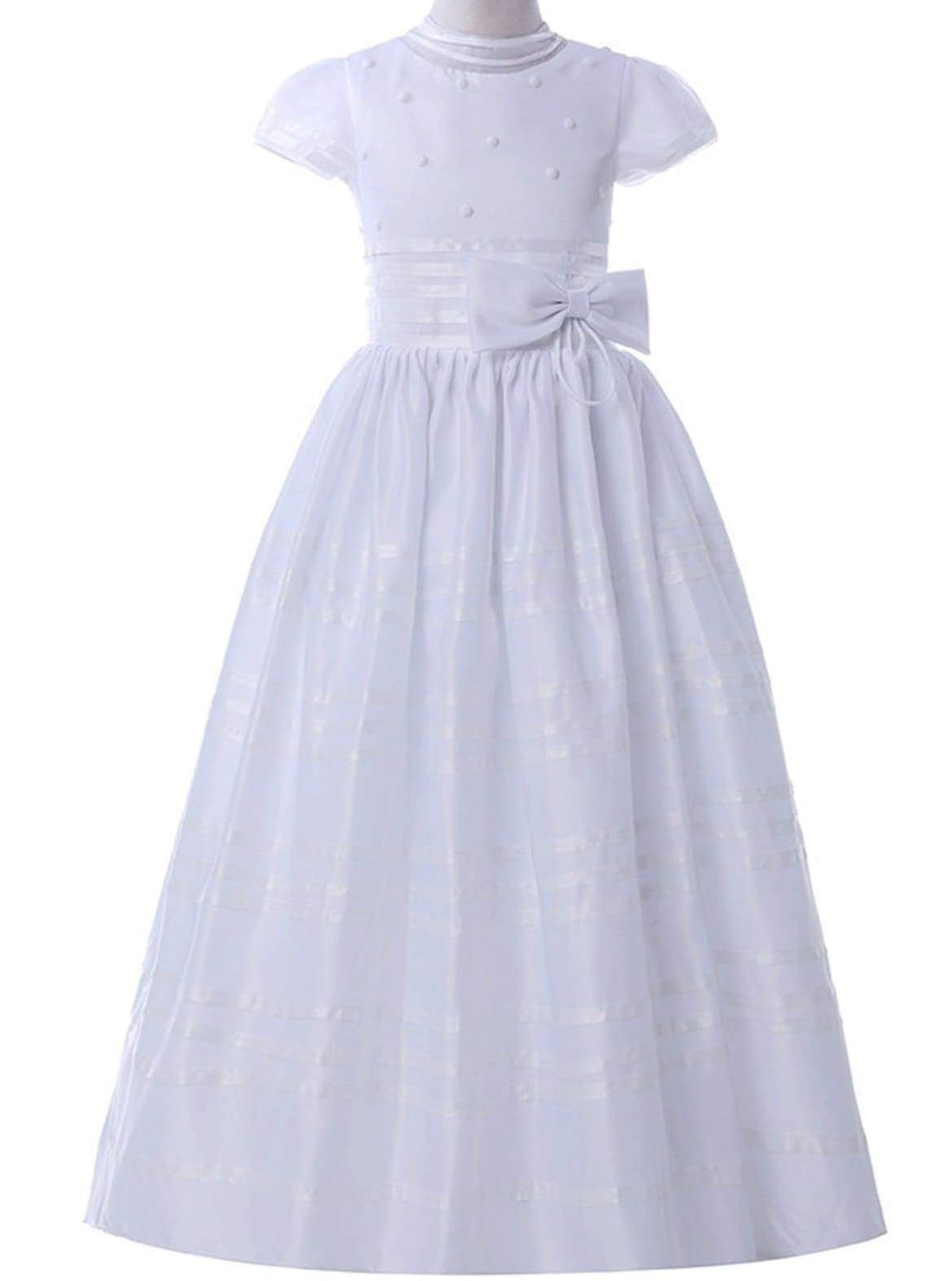 Girls Communion Dresses | White Cap Sleeve Belted Pearl Pleated  Gown