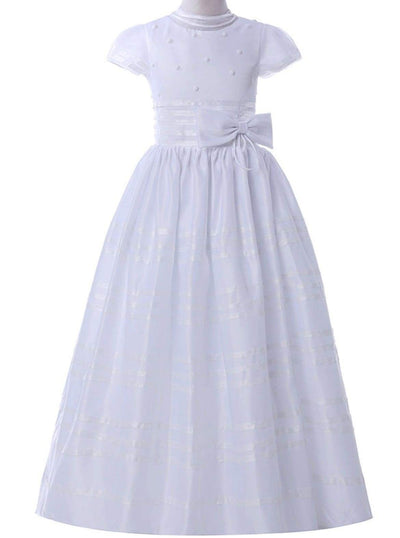 Girls Communion Dresses | White Cap Sleeve Belted Pearl Pleated  Gown