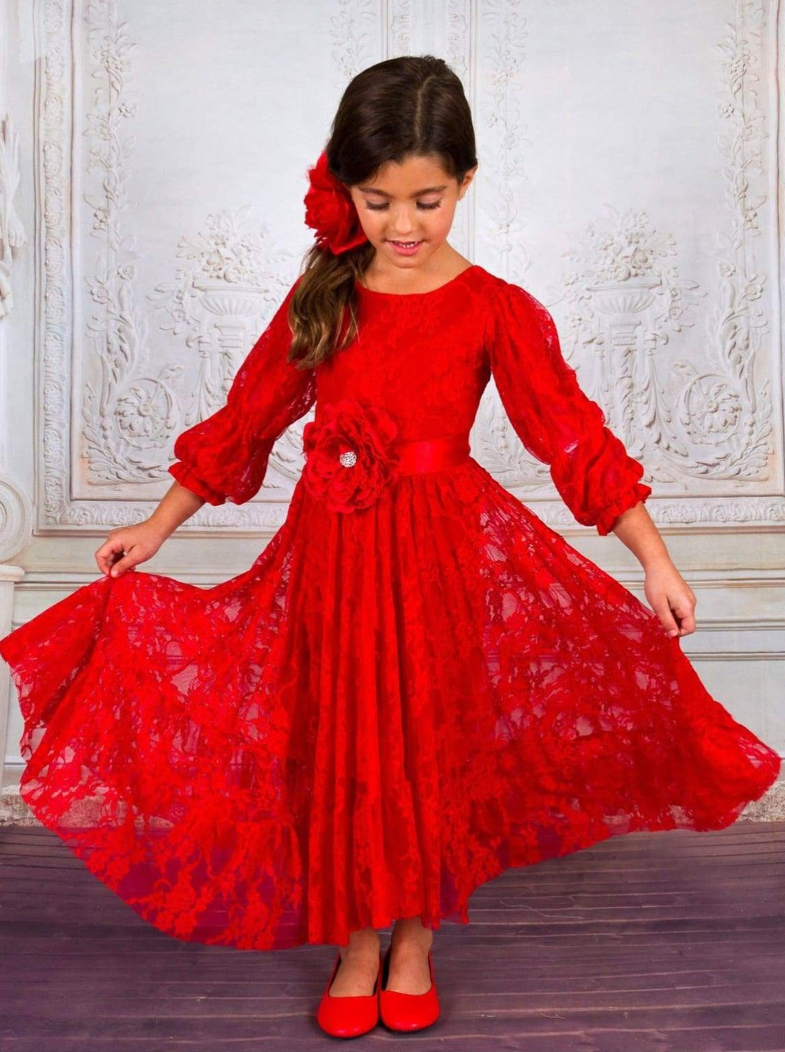 Christmas Dresses | Little Girls Lace Floral Winter Maxi Dress