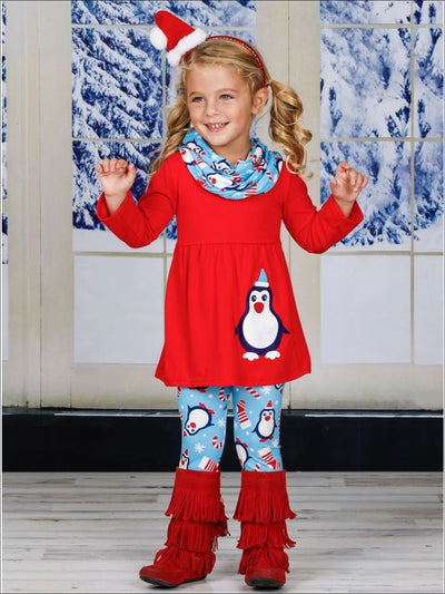 Girls Penguin Candy Cane Top Leggings and Scarf Set - Girls Christmas Set