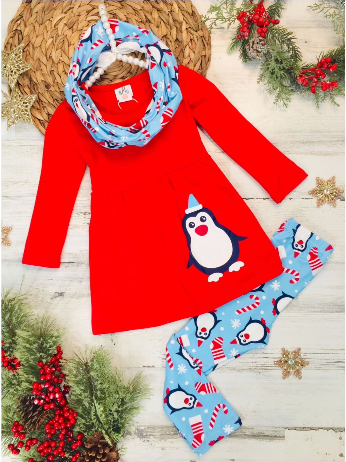 Girls Penguin Candy Cane Top Leggings and Scarf Set - Blue / 3T - Girls Christmas Set