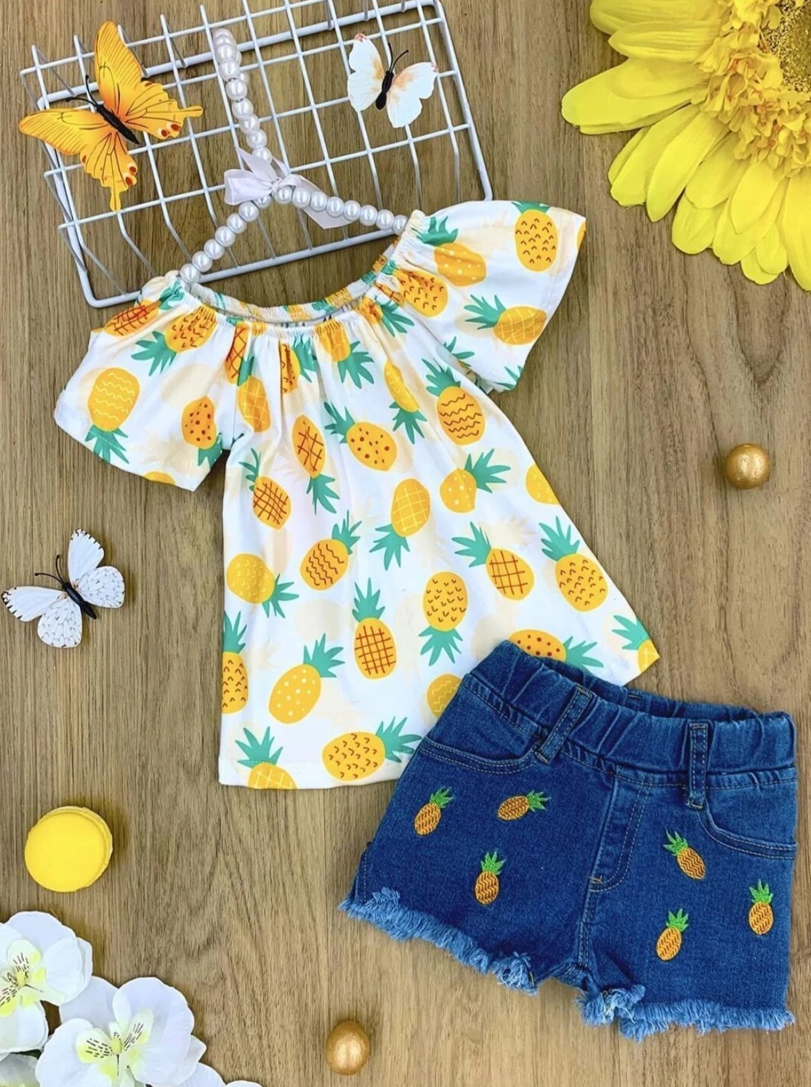 Girls Pinapple Print Top and Patched Denim Shorts Set - Yellow / 2T - Girls Spring Casual Set