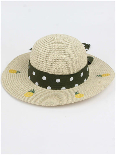 Girls Pineapple Embroidered Straw Hat with Polka Dot Ribbon - Girls Hats