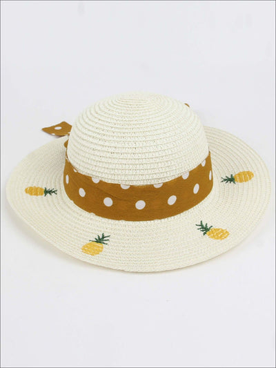 Girls Pineapple Embroidered Straw Hat with Polka Dot Ribbon - Girls Hats