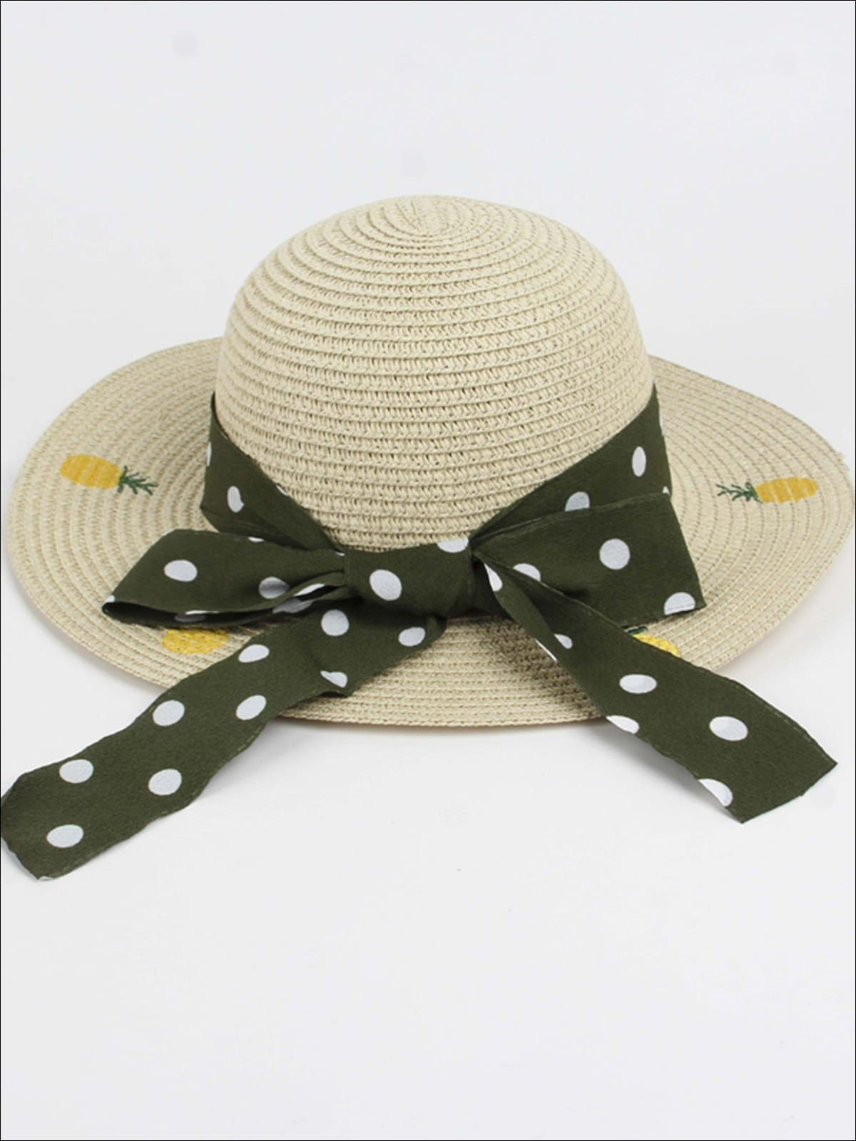 Girls Pineapple Embroidered Straw Hat with Polka Dot Ribbon - Green / One Size - Girls Hats
