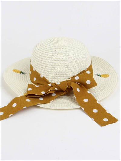 Girls Pineapple Embroidered Straw Hat with Polka Dot Ribbon - Yellow / One Size - Girls Hats