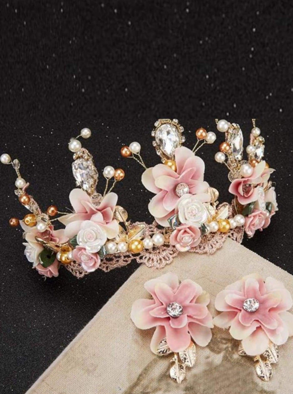 Girls Pink and Creme Flower Crystal & Pearl Embellished Crown with Earrings - Accessories