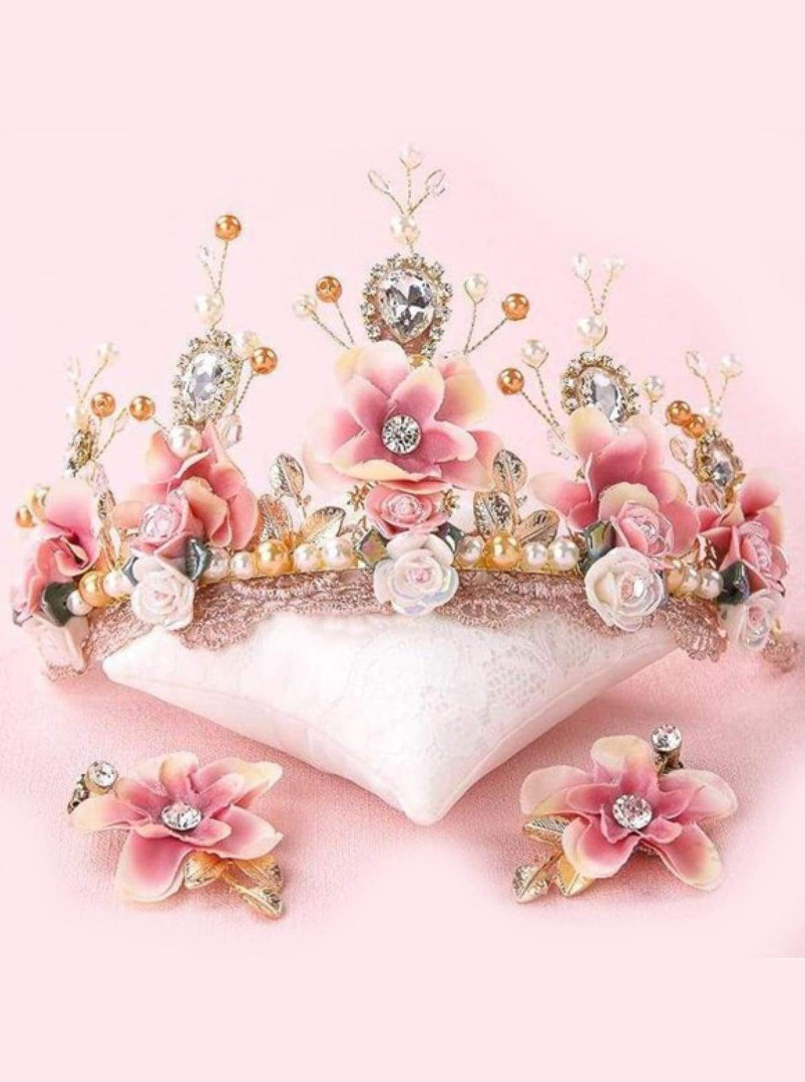 Girls Pink and Creme Flower Crystal & Pearl Embellished Crown with Earrings - One Size - Accessories