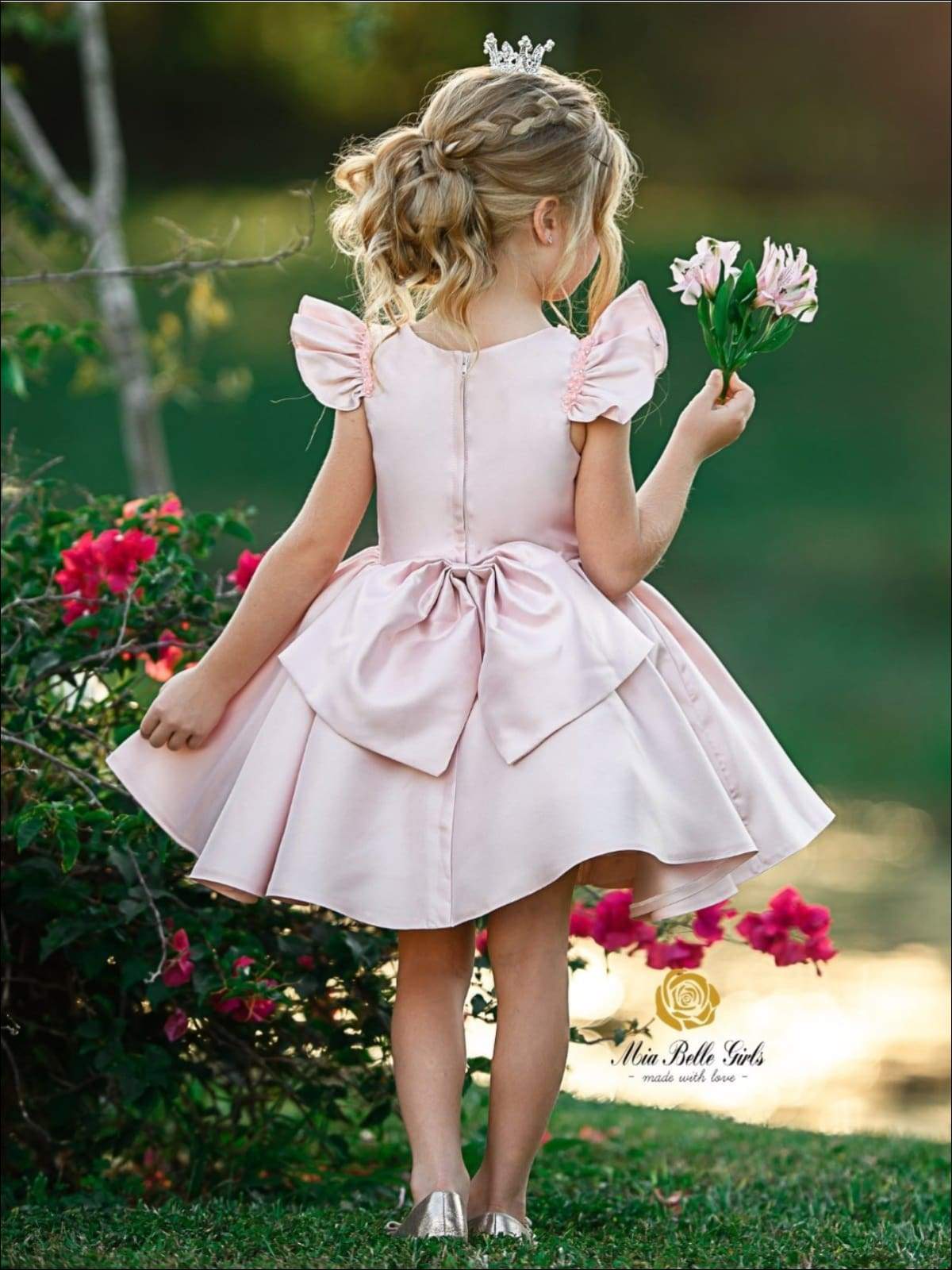 Girls Formal Dresses | Pink Flutter Sleeve Beaded Collar Party Dress