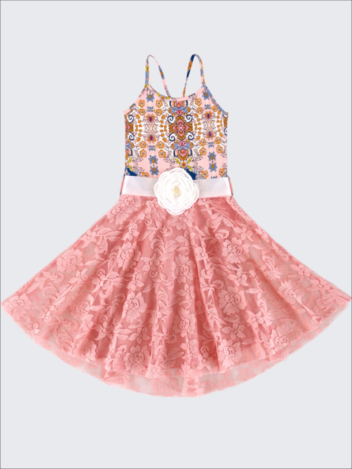 Girls Pink & Blue Medallion Print Hi-Low Pink Lace Circle Skirt Twirl Dress with Flower Belt - 2T/3T / Pink & Blue - Girls Spring Dressy