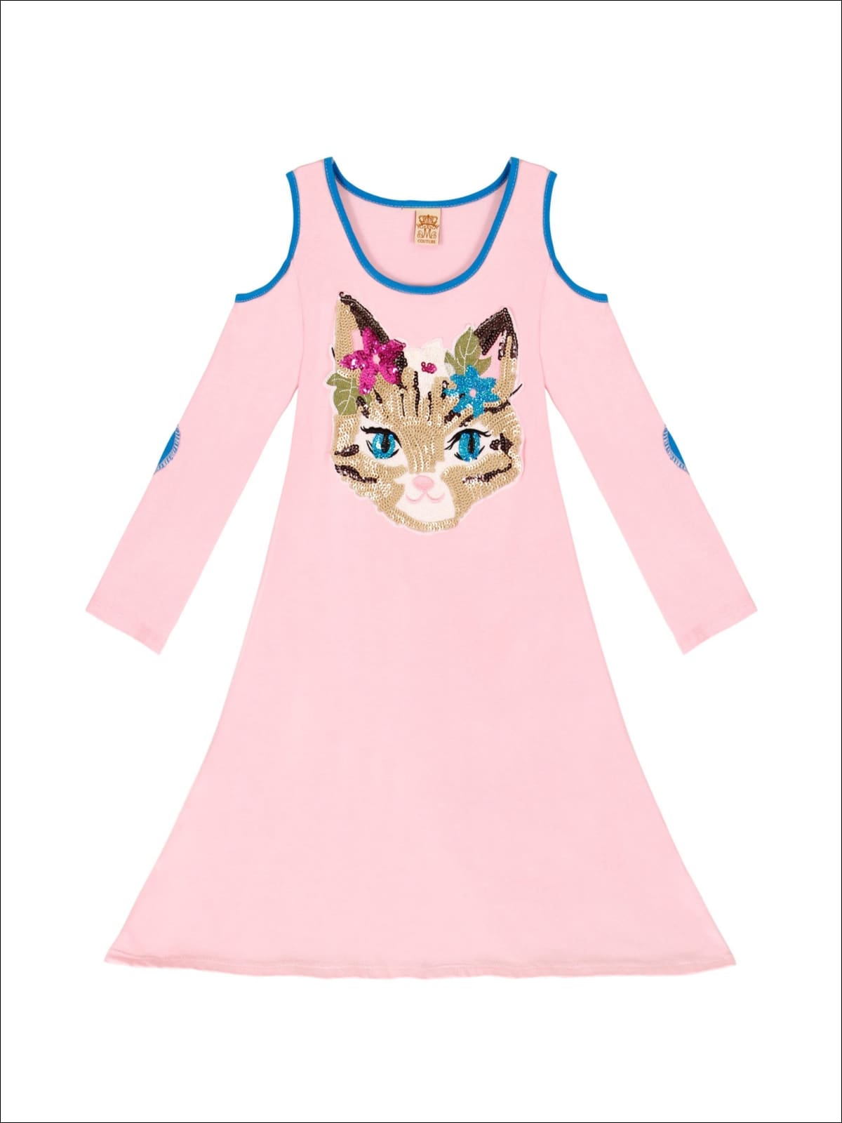 Girls Pink Boho Cat Applique Cold Shoulder A-Line Dress - Fall Low Stock