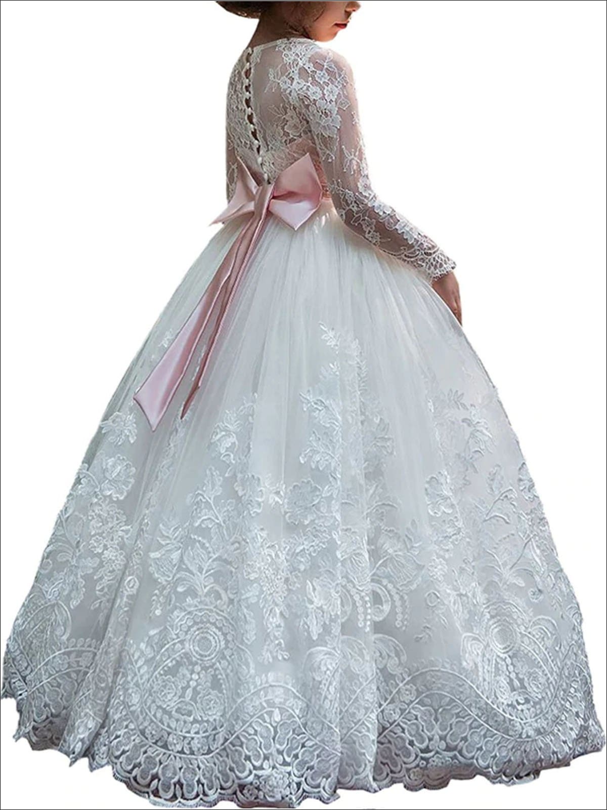 Girls Pink Bow Embellished White Communion Gown - Girls Gowns