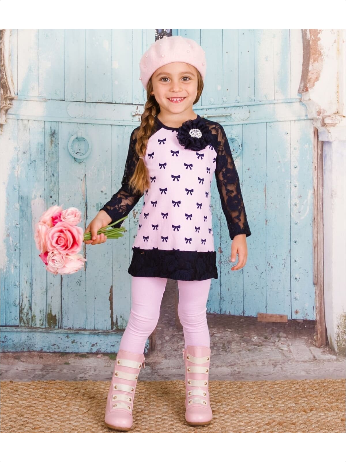 Girls Pink Bow Lace Sleeve Tunic & Leggings Set - Fall Low Stock