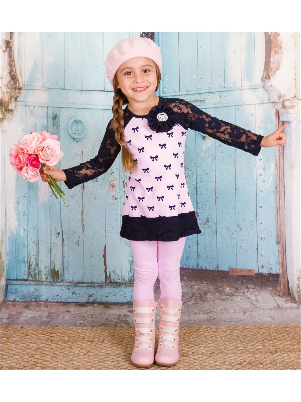Girls Pink Bow Lace Sleeve Tunic & Leggings Set - Fall Low Stock