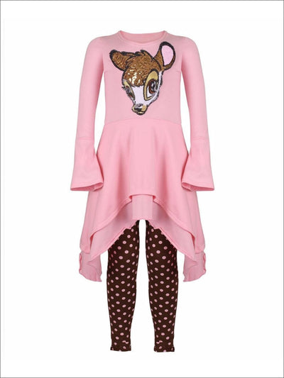 Girls Pink & Brown Double Layer Cuffed Sleeve Tunic & Leggings Set with Bambi Applique - Girls Fall Casual Set