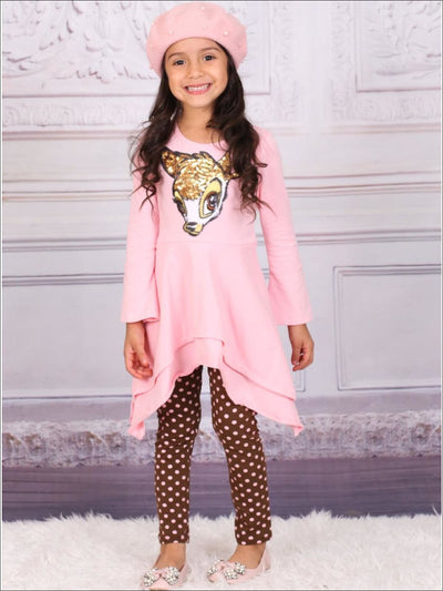 Girls Pink & Brown Double Layer Cuffed Sleeve Tunic & Leggings Set with Bambi Applique - Girls Fall Casual Set
