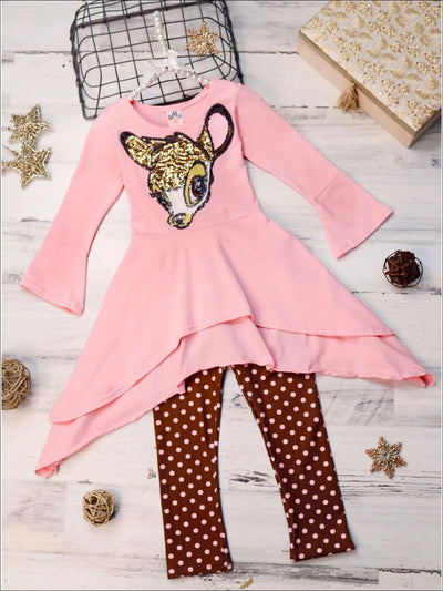 Girls Pink & Brown Double Layer Cuffed Sleeve Tunic & Leggings Set with Bambi Applique - Pink/Brown / 2T/3T - Girls Fall Casual Set