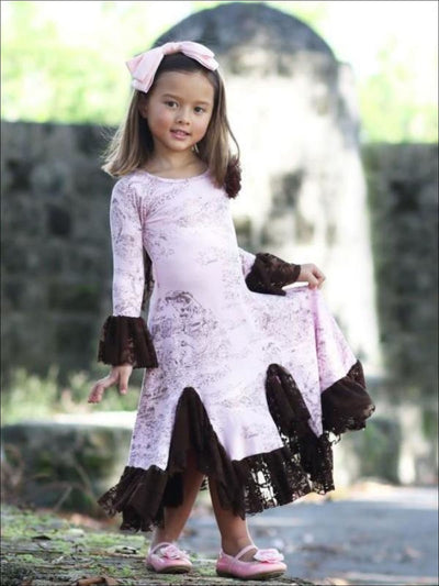 Girls Pink & Brown French Countryside Twirl Dress with Lace Ruffles - Girls Fall Dressy Dress