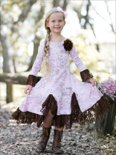 Girls Pink & Brown French Countryside Twirl Dress with Lace Ruffles - Girls Fall Dressy Dress