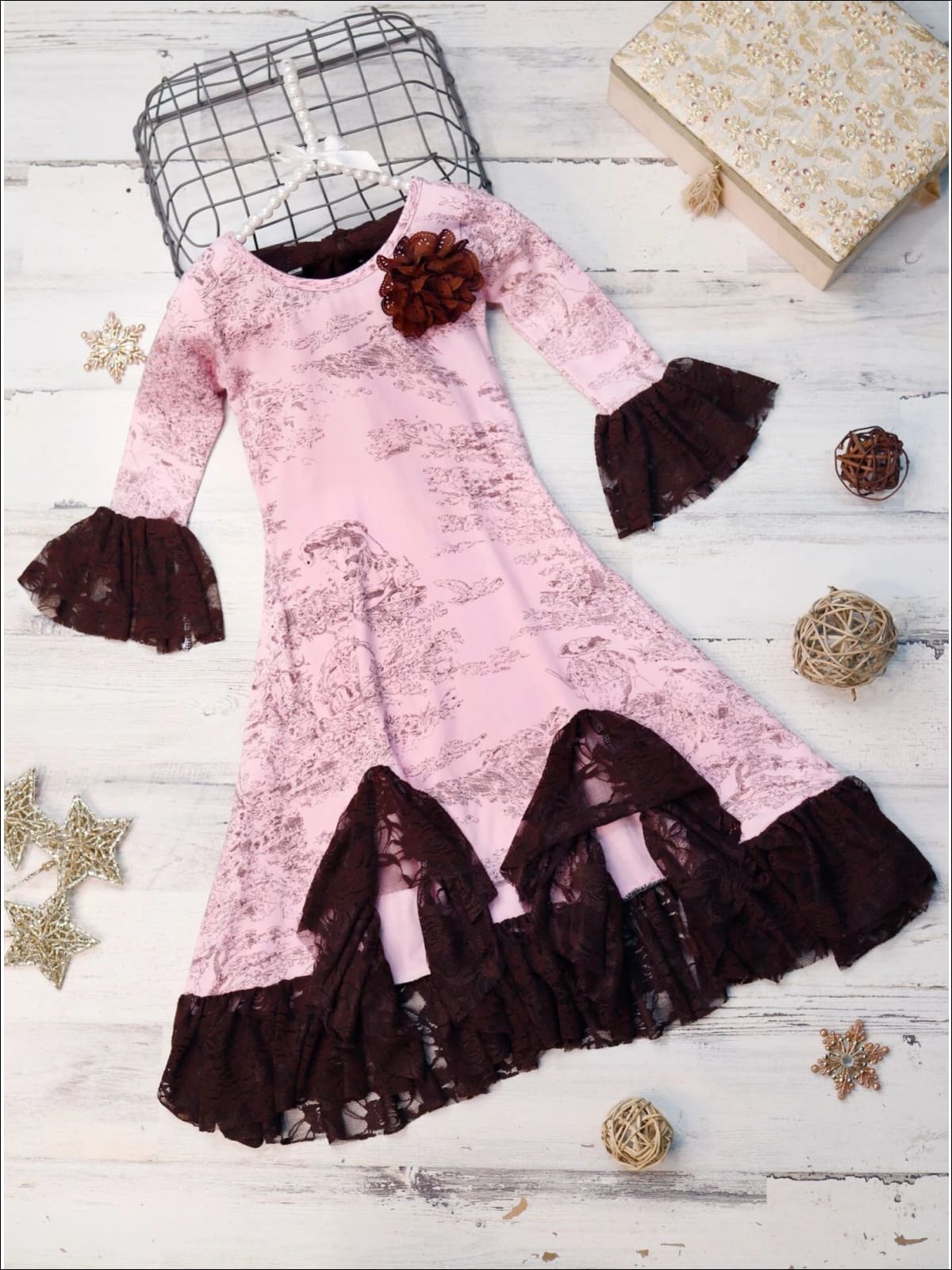 Girls Pink & Brown French Countryside Twirl Dress with Lace Ruffles - Pink / 2T-3T - Girls Fall Dressy Dress