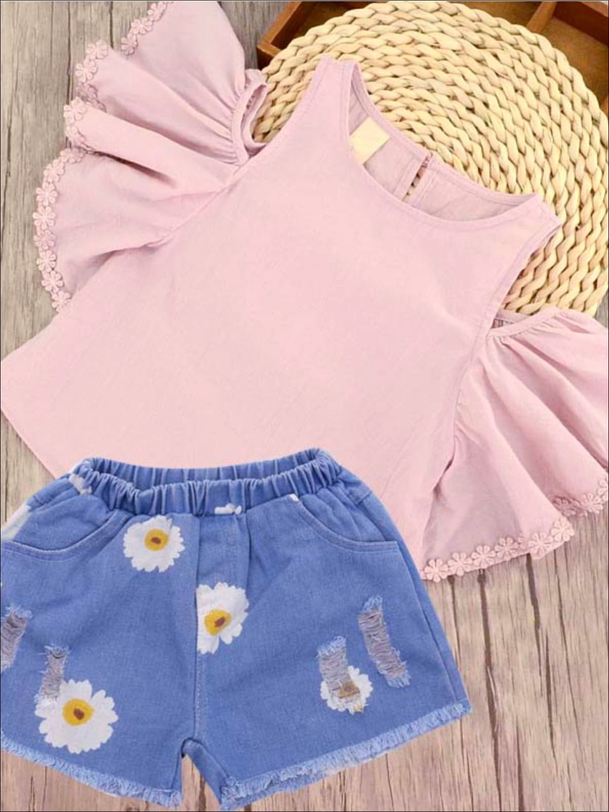 Girls Pink Cold Shoulder Ruffle Sleeve Tunic & Flower Shorts Set - Girls Spring Casual Set