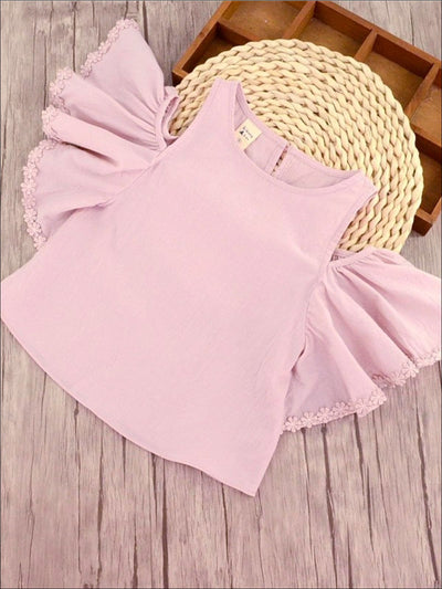 Girls Pink Cold Shoulder Ruffle Sleeve Tunic & Flower Shorts Set - Girls Spring Casual Set
