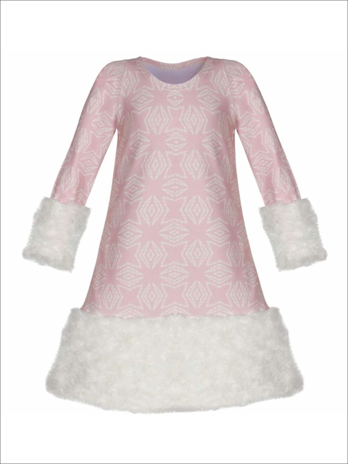 Girls Pink & Creme Medallion Print Rosette Cuffed Dress - Pink / 2T/3T - Girls Fall Dressy Dress