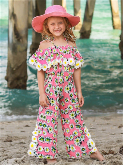 Girls Pink Daisy Print Off the Shoulder Ruffled Palazzo Jumpsuit with Daisy Appliques - Girls Jumpsuit