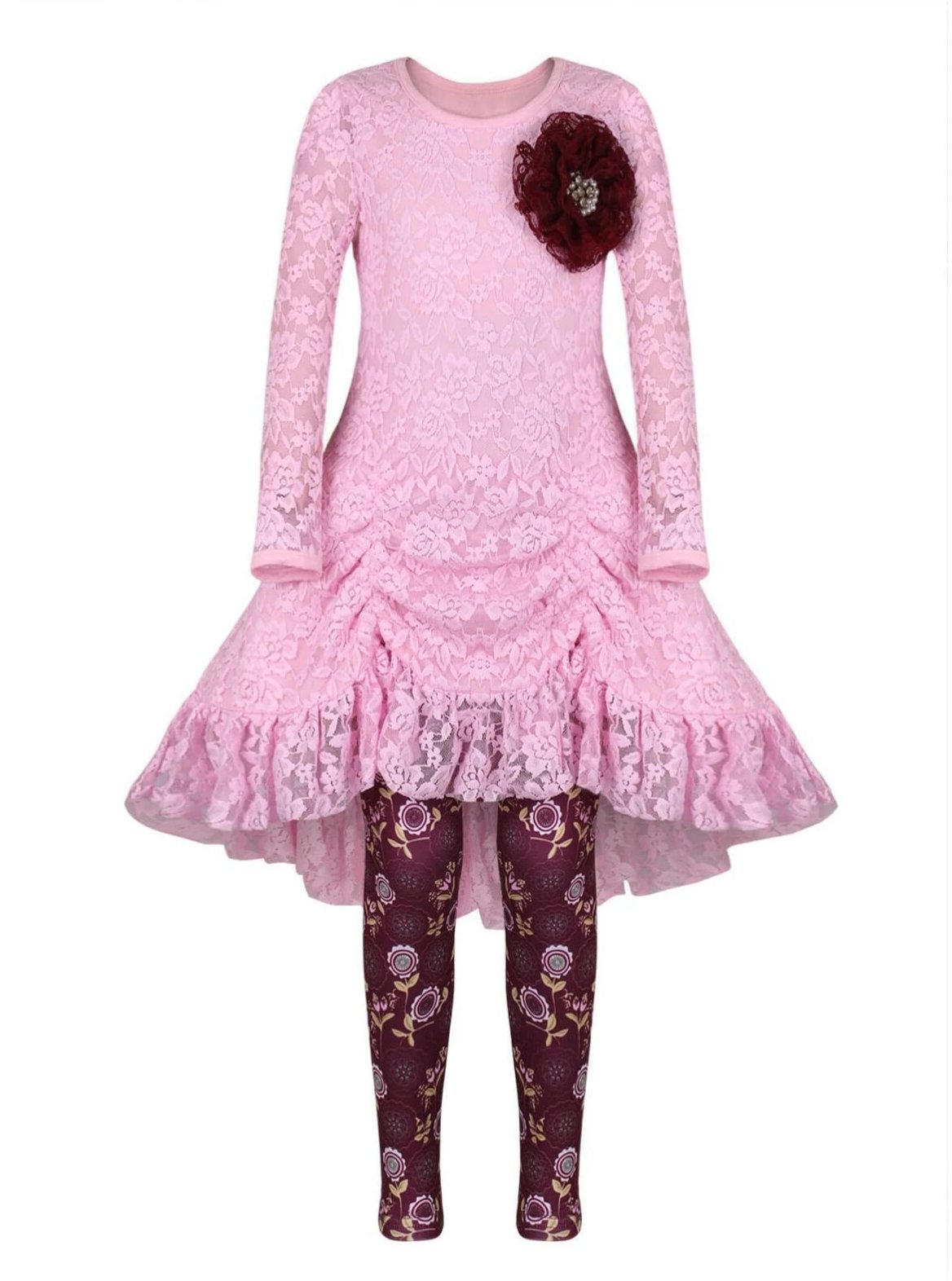 Girls Pink Drawstring Lace Tunic & Floral Leggings Set - Pink / 2T/3T - Girls Fall Dressy Set