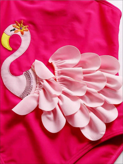 Girls Pink Flamingo One Piece Swimsuit With Feather Detail - Girls One Piece Swimsuit