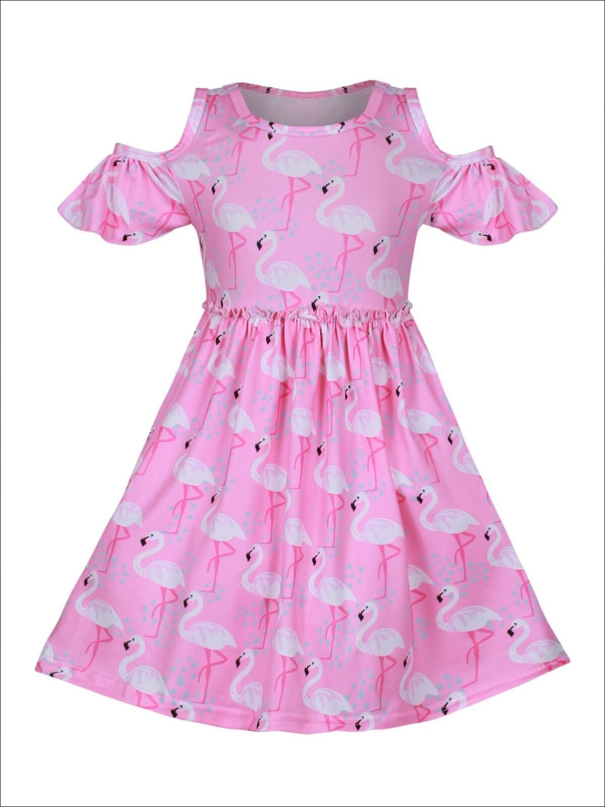 Girls Pink Flamingo Print A-Line Cold Off the Shoulder Dress - Girls Spring Casual Dress