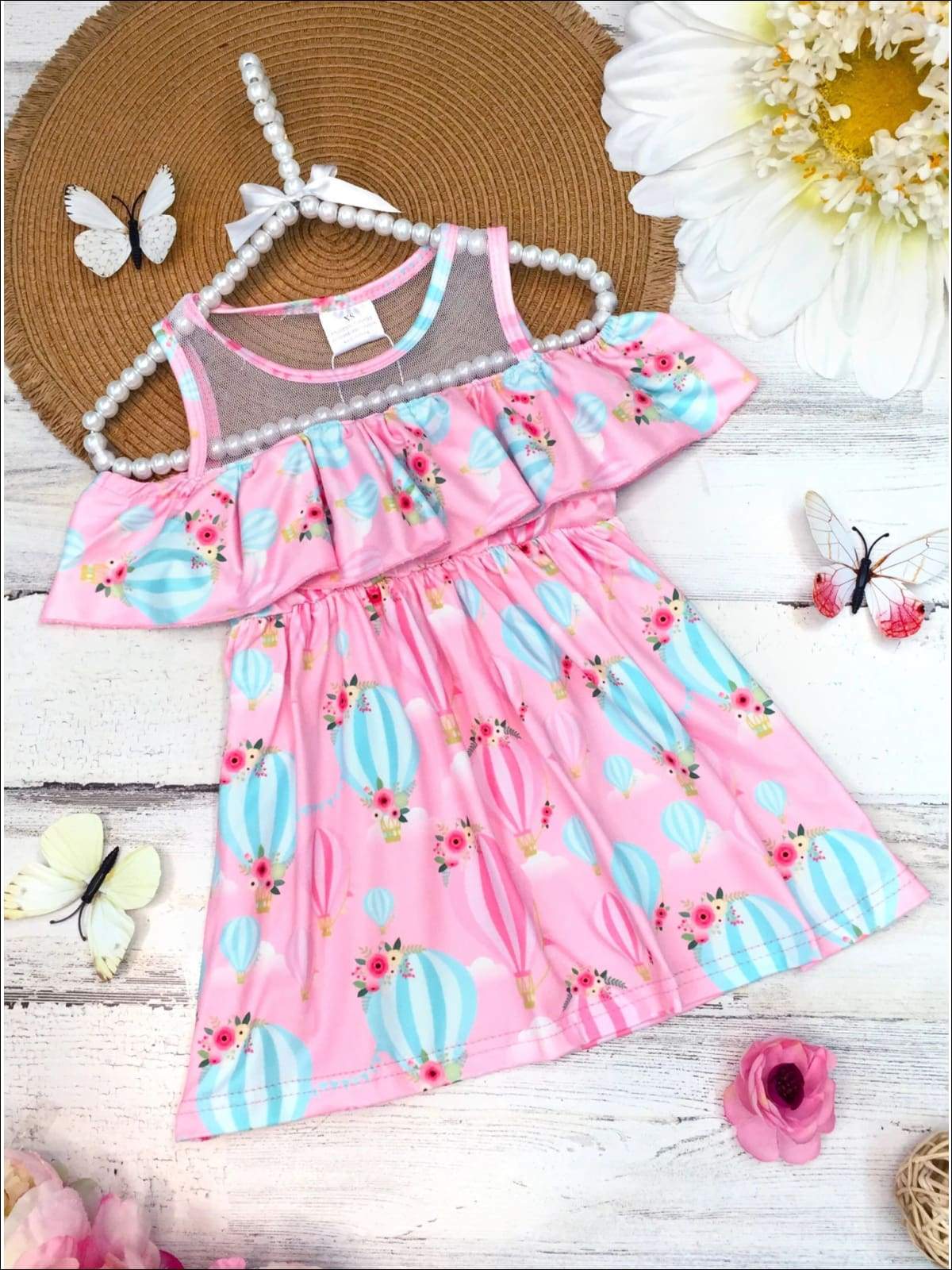 Girls Pink Floral Hot Air Balloon Print A-Line Off the Shoulder Ruffled Dress (Bow Not Included) - Girls Spring Casual Dress