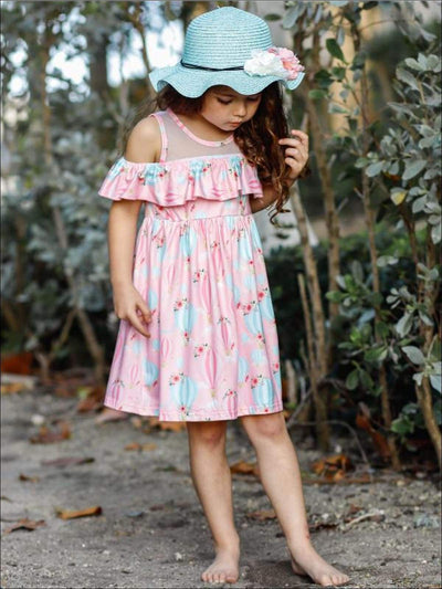 Girls Pink Floral Hot Air Balloon Print A-Line Off the Shoulder Ruffled Dress (Bow Not Included) - Girls Spring Casual Dress