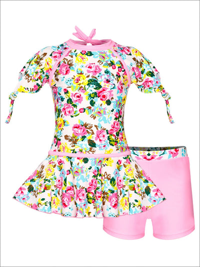 Girls Pink Floral Peplum Top & Shorts Bottom Rash Guard Two Piece Swimsuit - Girls One Piece Swimsuit
