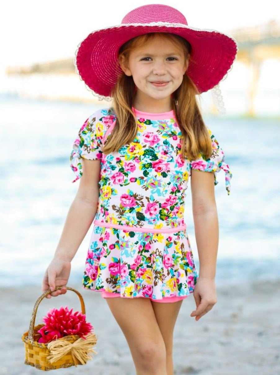 Girls Pink Floral Peplum Top & Shorts Bottom Rash Guard Two Piece Swimsuit - Pink / 4T/5Y - Girls One Piece Swimsuit