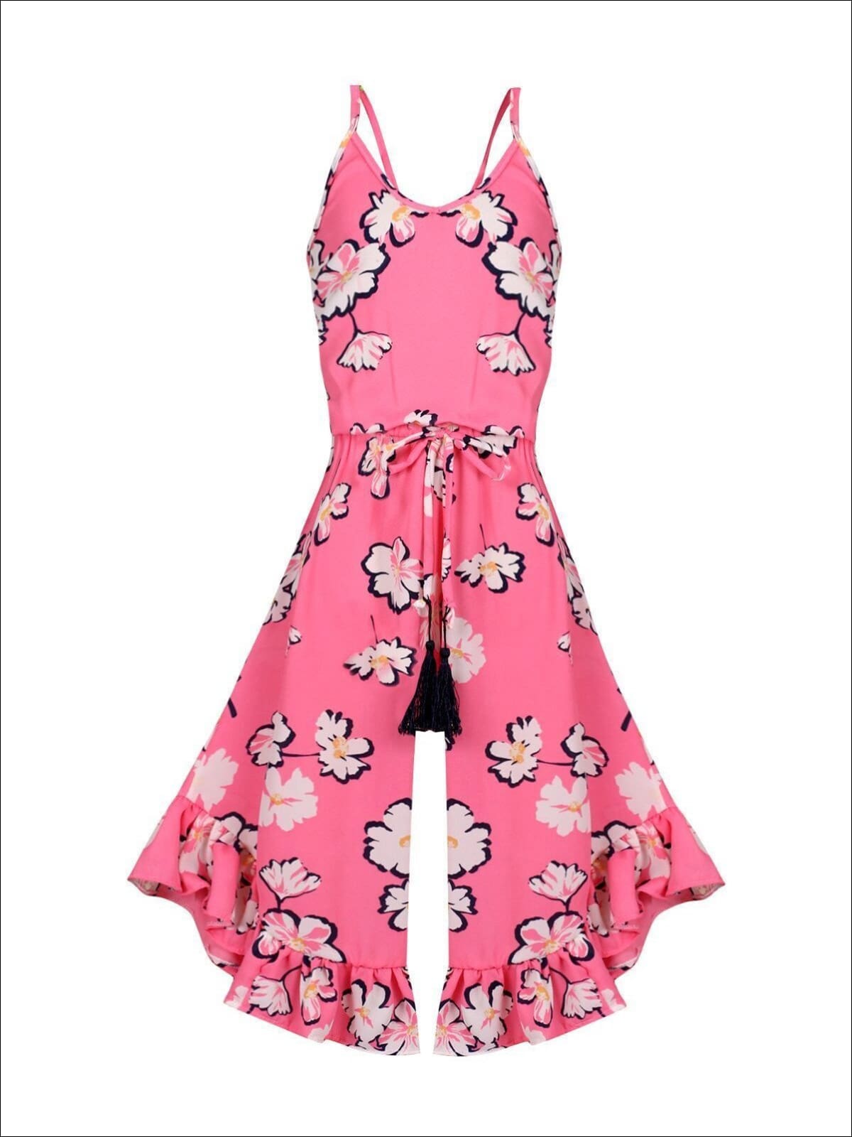 Girls Pink Floral Spaghetti Strap Tassel Drawstring Flared Ruffled Palazzo Jumpsuit - Girls Jumpsuit