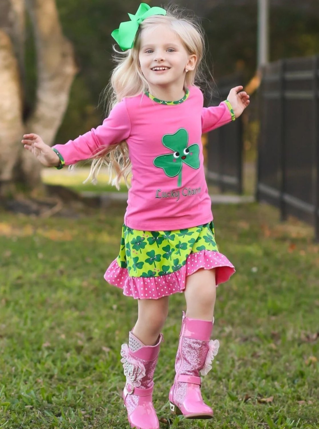 Girls Pink & Green St. Patricks Day Themed Clover Print Long Sleeve Top & Ruffled Skirt Set - Girls St. Patricks Set
