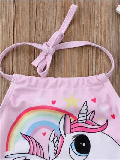 Girls Pink Halter Unicorn Print Backless One Piece Swimsuit - Girls One Piece Swimsuit