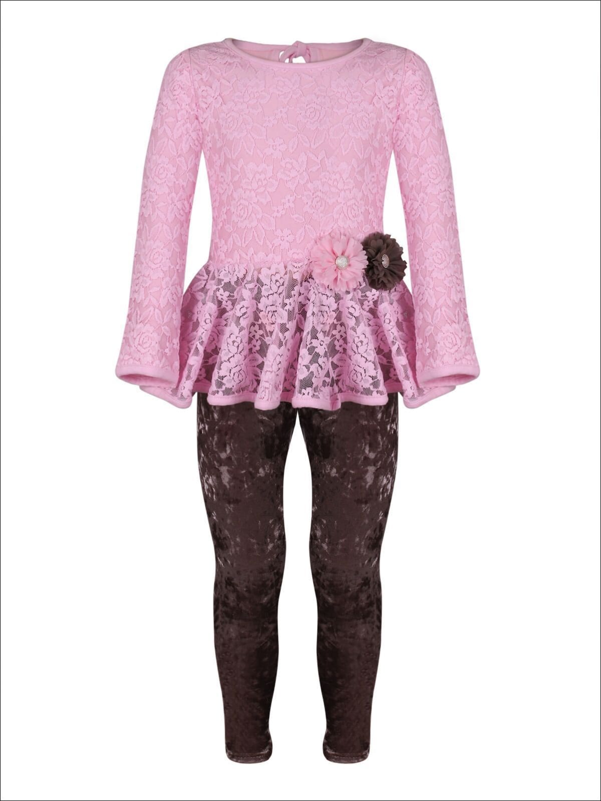 Girls Pink Lace Peplum Tunic & Velvet Leggings Set - Girls Fall Dressy Set