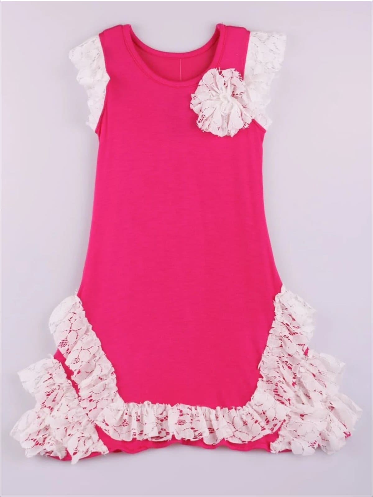 Girls Pink Lace Ruffle Dress - Red/Pink / 3T - Girls Spring Casual Dress
