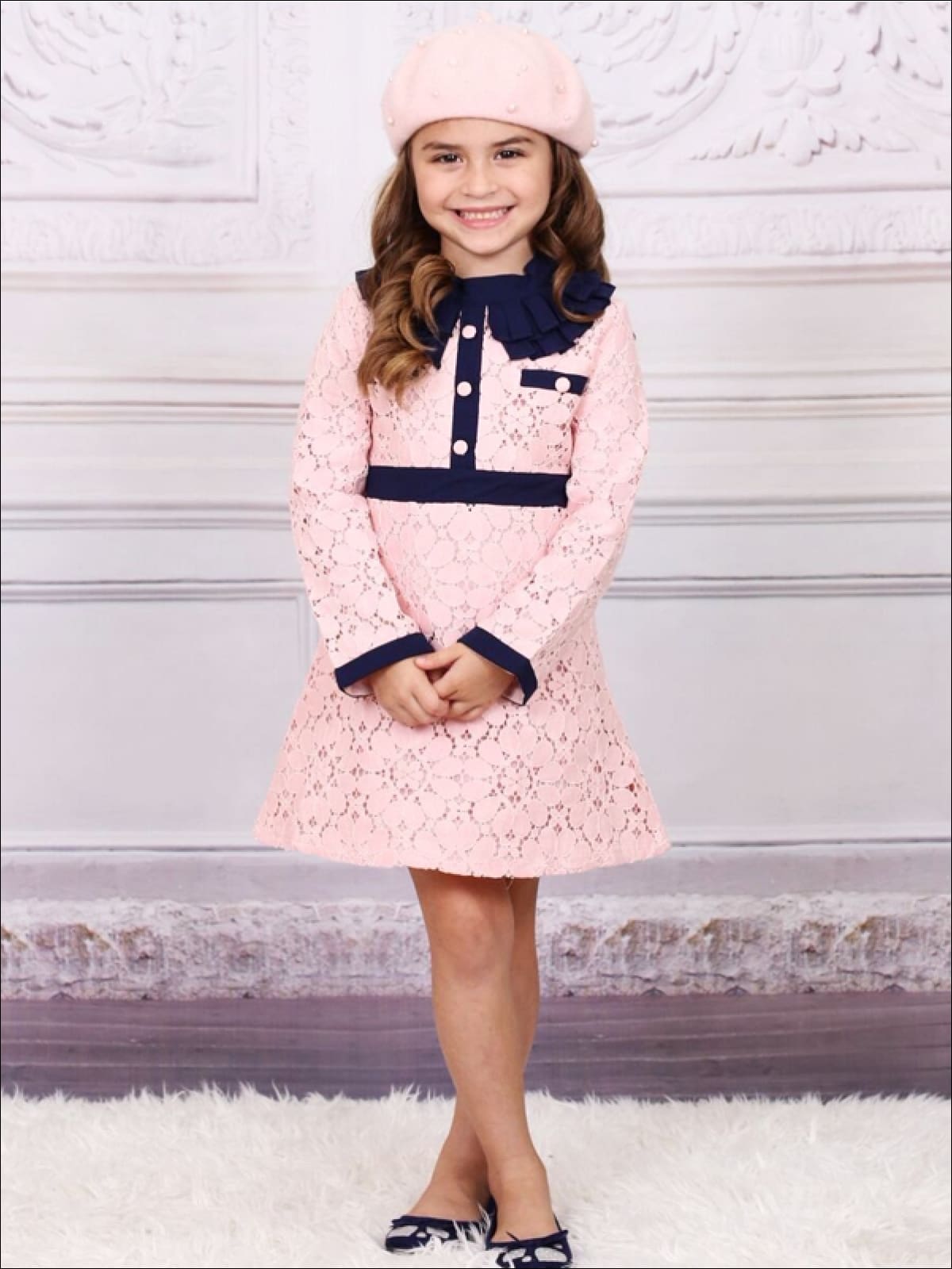 Girls Pink Lace Ruffled Collar A-Line Dress - Fall Low Stock