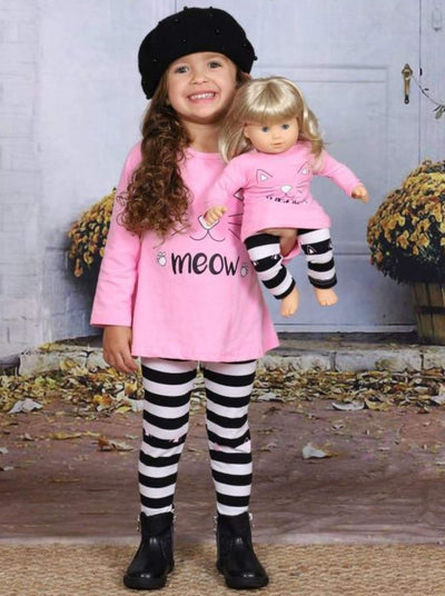 Girls Pink Long Sleeve Kitty Meow Top & Striped Leggings Set with Matching Doll Set - Girls Fall Casual Set