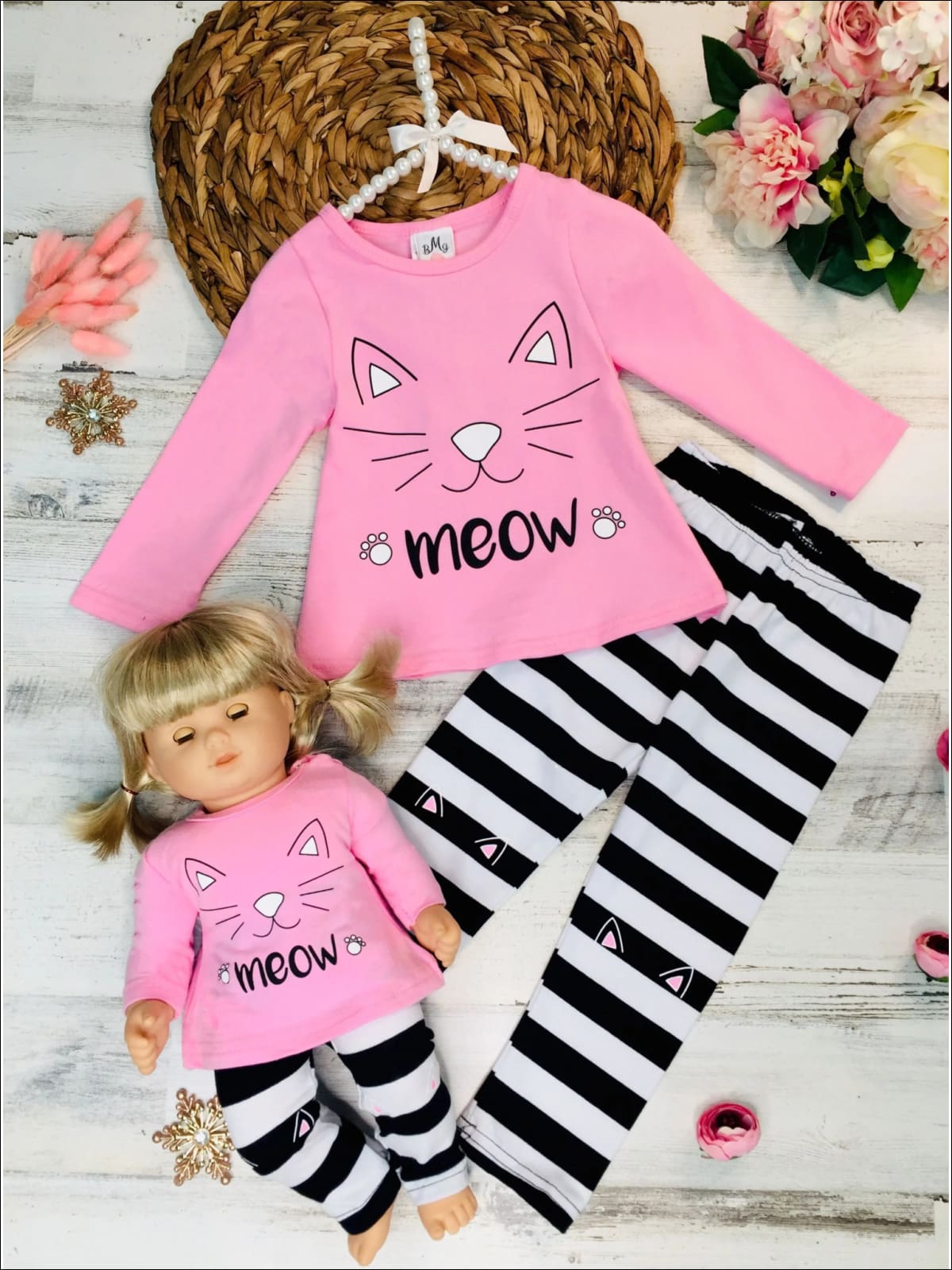 Girls Pink Long Sleeve Kitty Meow Top & Striped Leggings Set with Matching Doll Set - Pink / XS-2T - Girls Fall Casual Set