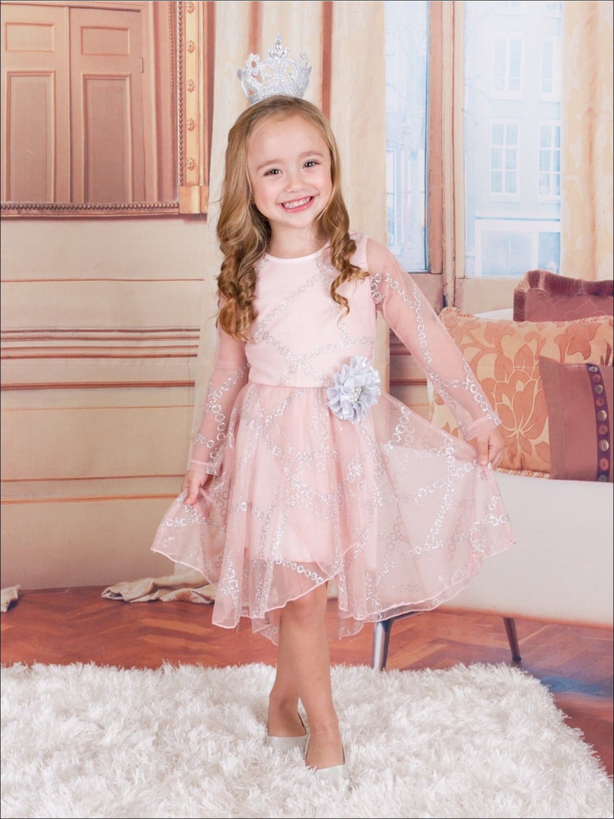 Girls Pink Long Sleeve Lace Audrey Twirl Dress with Silver Flower & Silver Embroidery - Fall Low Stock