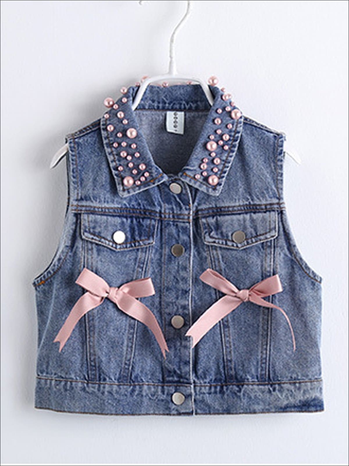 Girls Pink Long Sleeve Tutu Dress with Pearl Embellished & Bow Denim Vest - Girls Fall Casual Dress